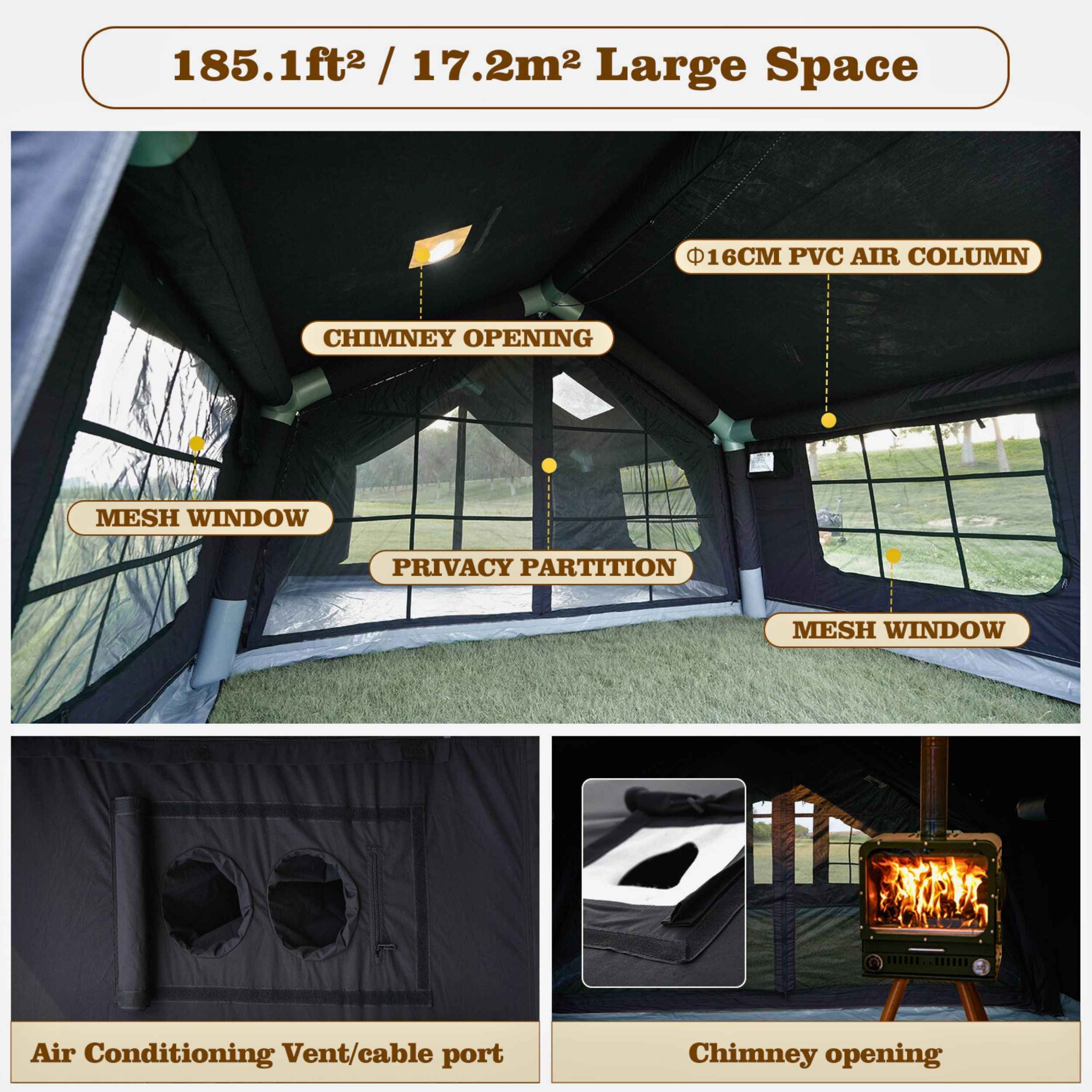 Coody Familia AirTent 17.2 Black (2-10 Person) + RBM Wood Stove Caminu