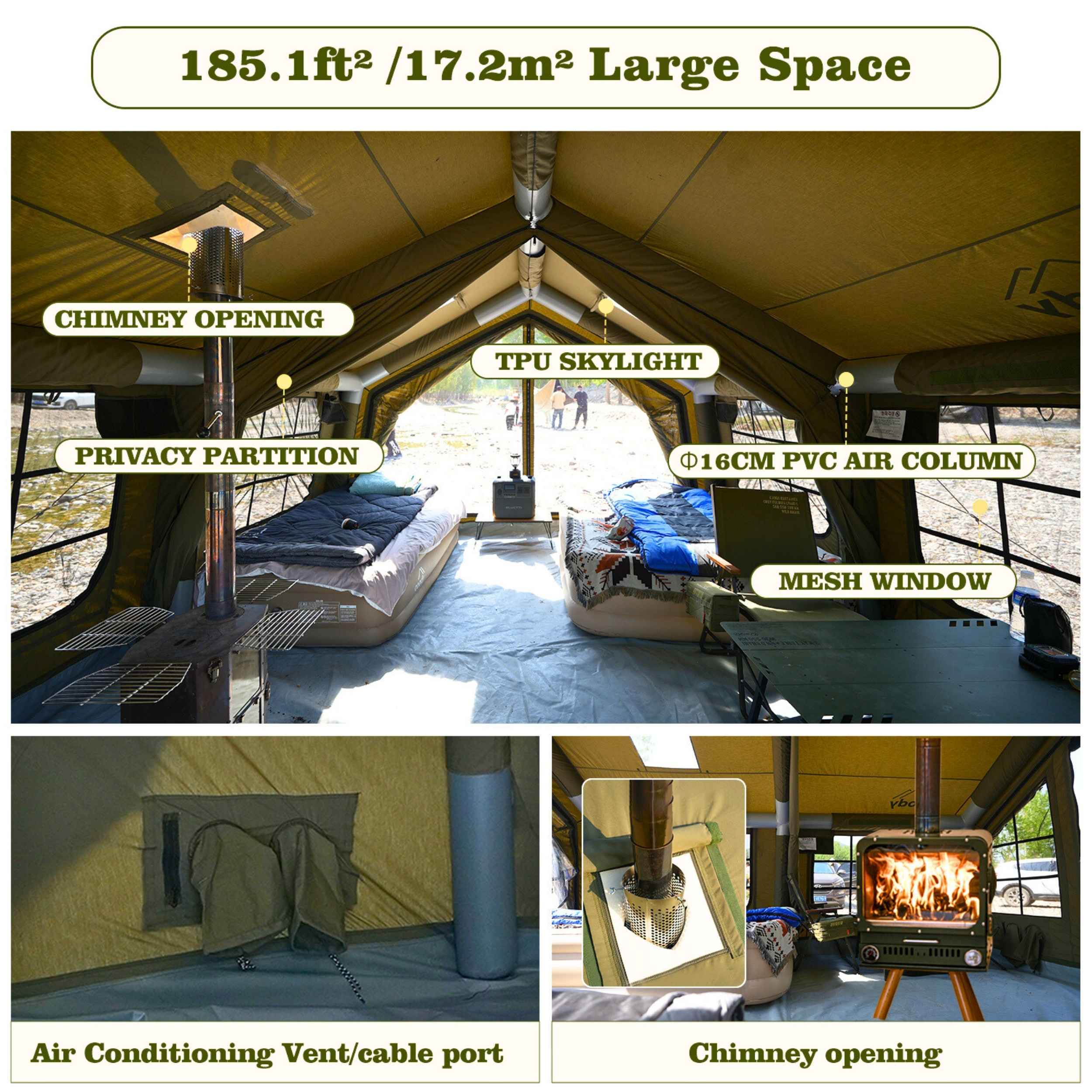 Coody Familia AirTent 17.2 Forest Green (2-10 Person)+ RBM Wood Stove Caminus M