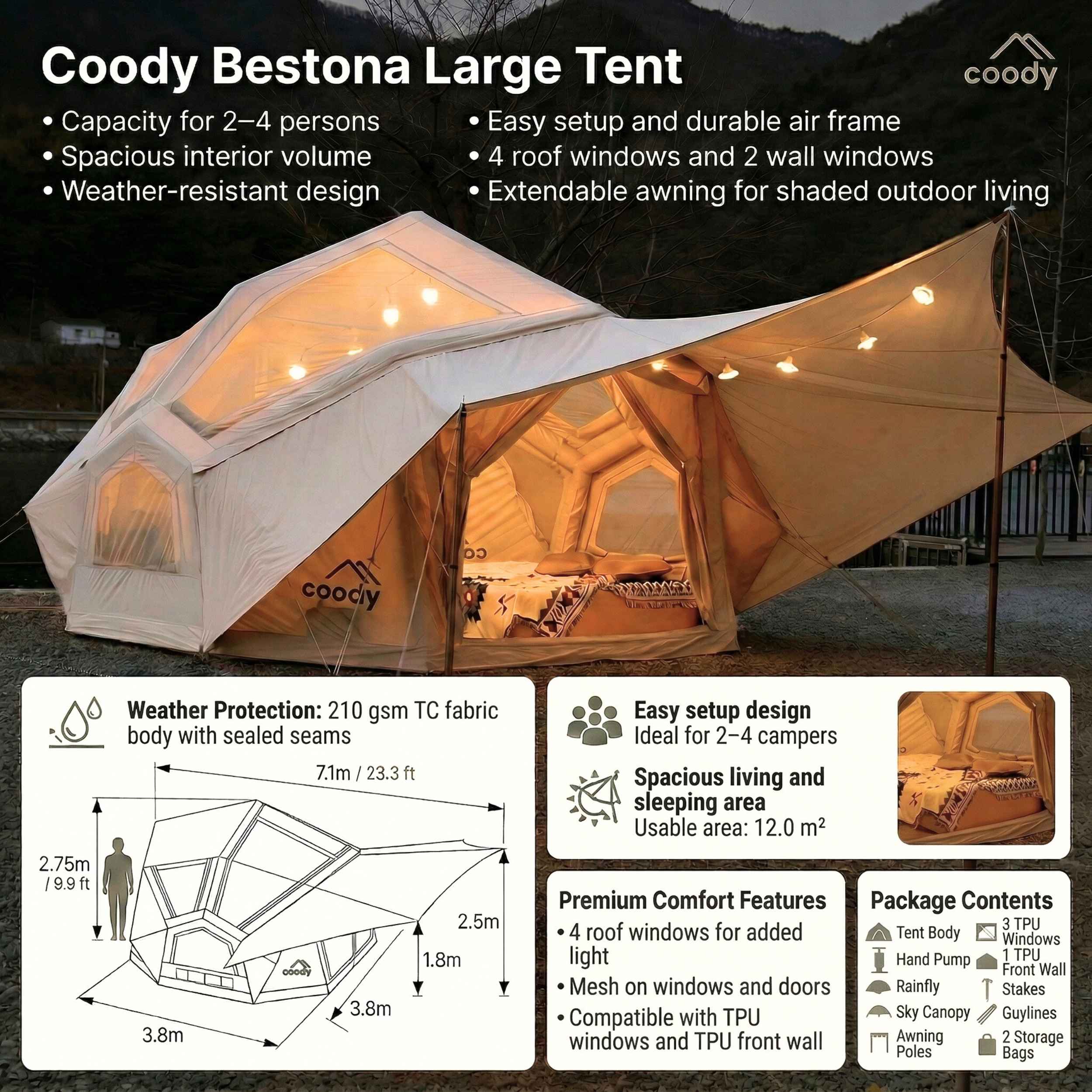 Coody Bestona Beige Inflatable Tent for Camping (2-4 person)