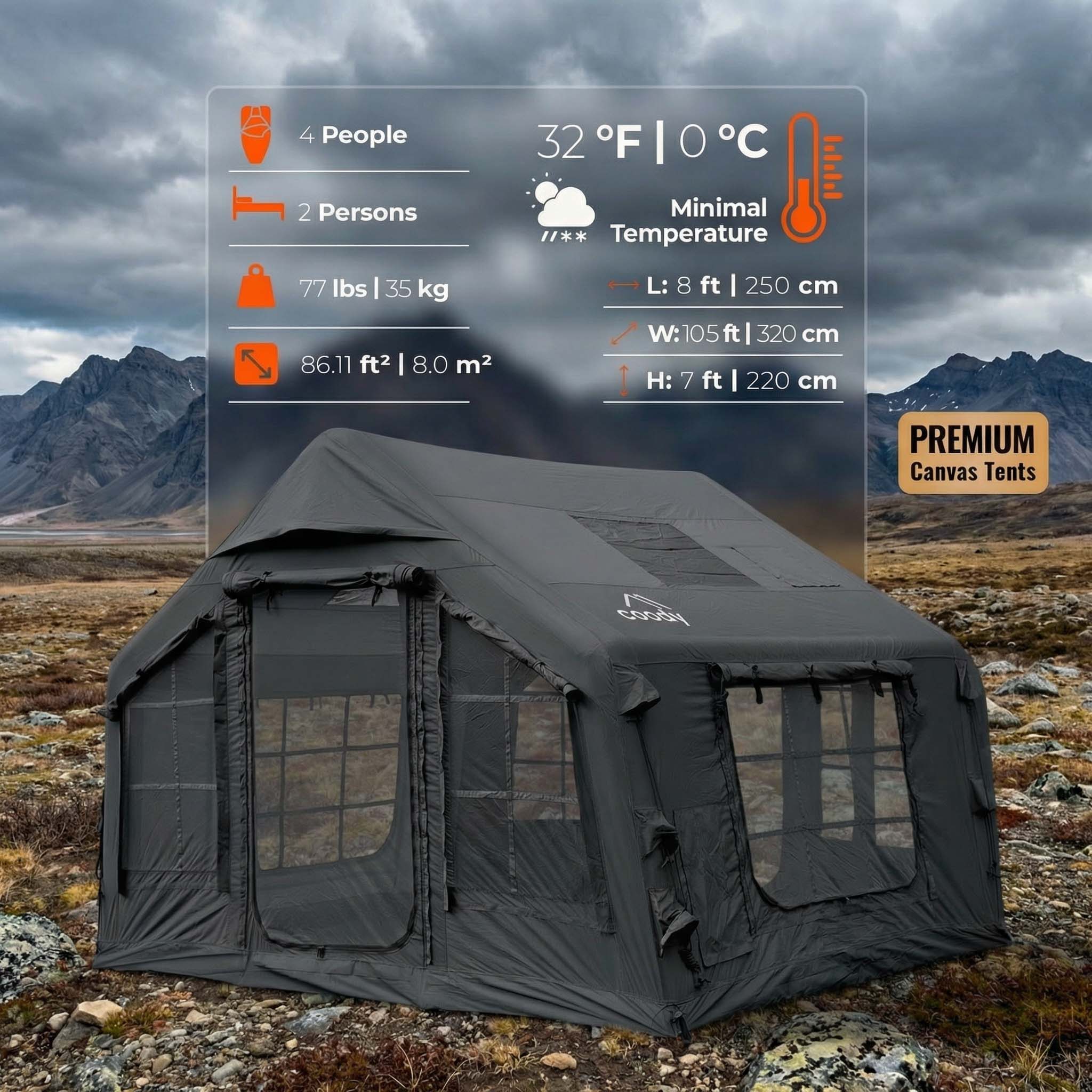 Coody 8.0 Inflatable Tent with Stove Jack for 1-4 person -Gray