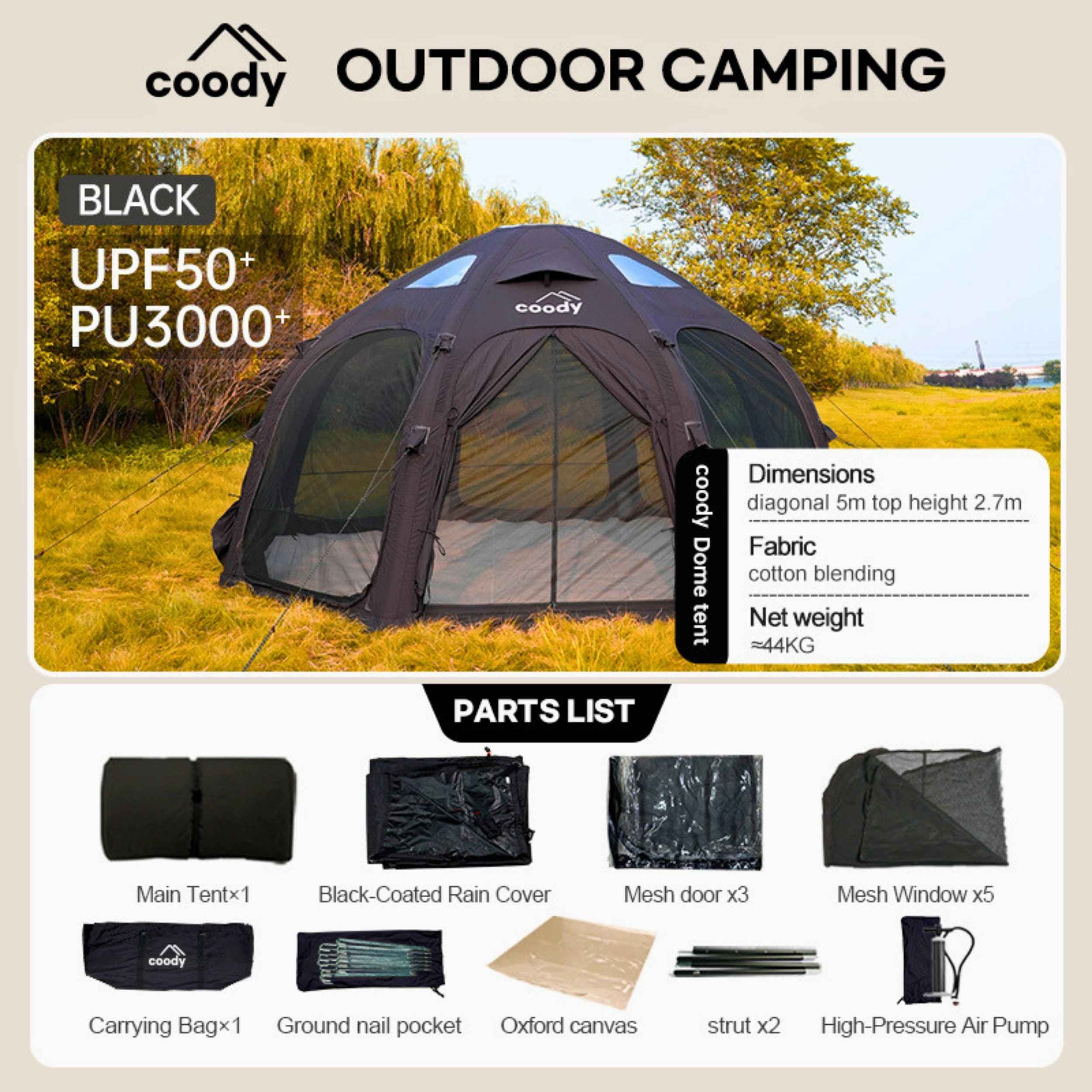 Coody Aurora Dome Negra, refugio inflable para exteriores (2-4 personas)