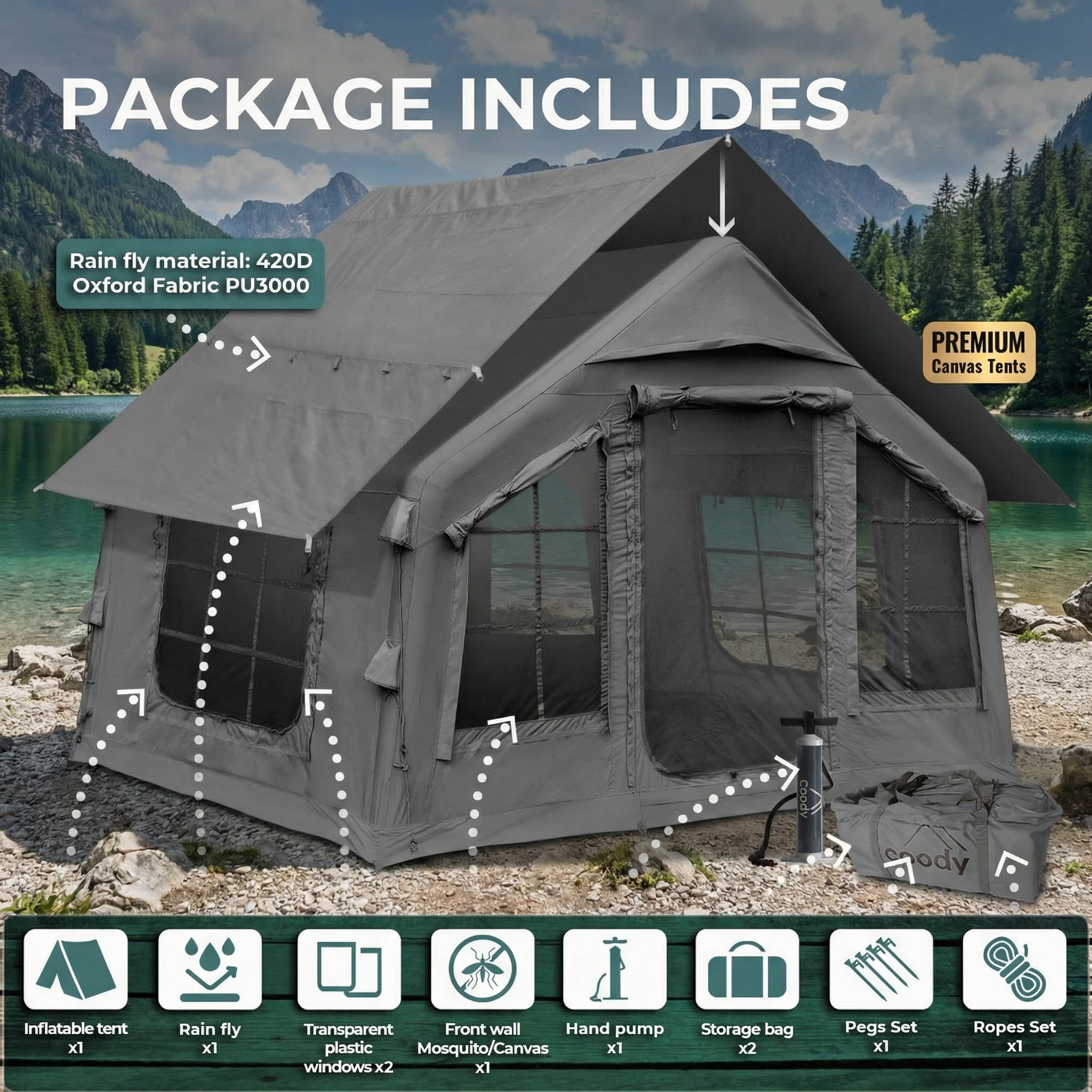 Coody 8.0 Inflatable Tent with Stove Jack for 1-4 person -Gray