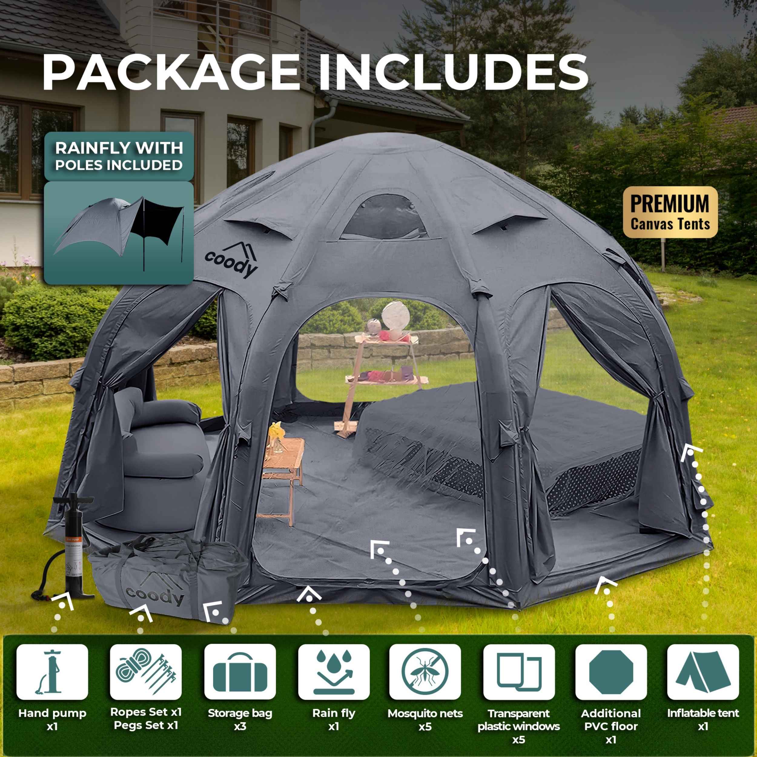 Refugio inflable Coody Aurora Dome negro para exteriores (2-4 personas)
