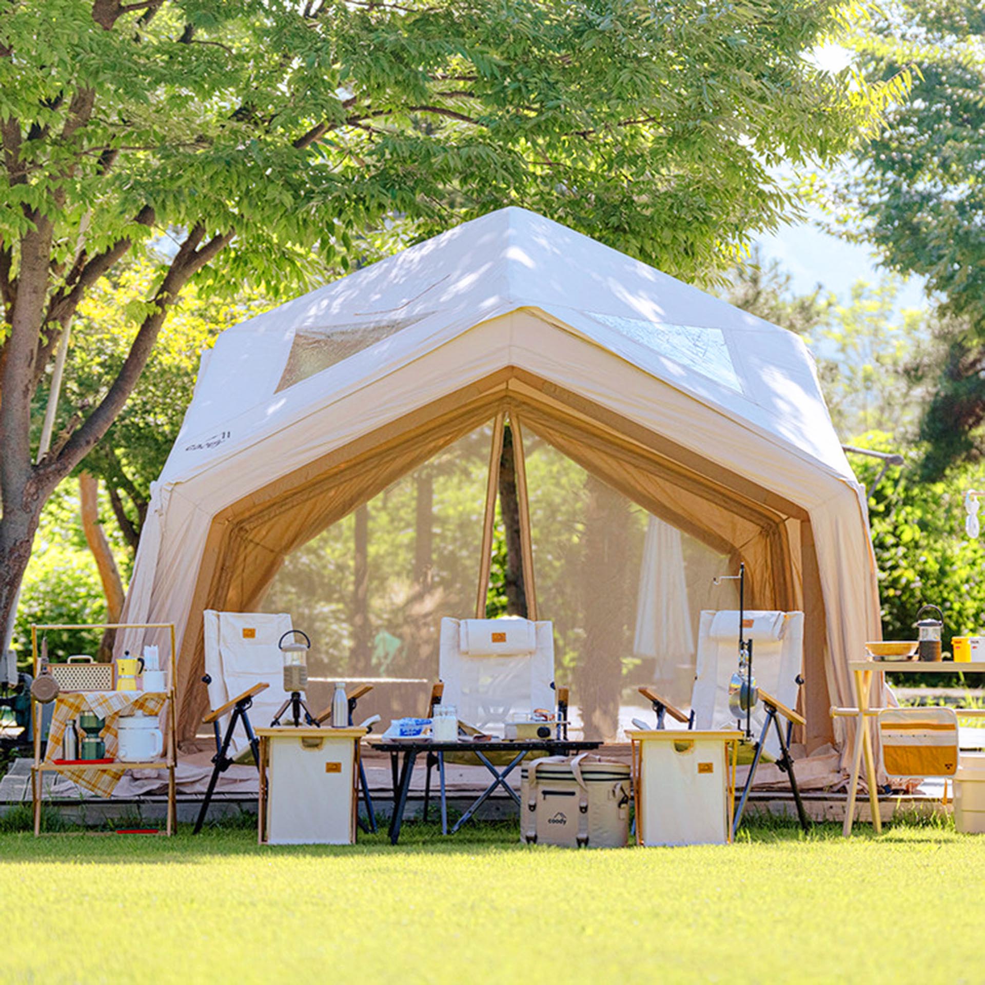 Coody AirTent Hub Beige (2-6 Person) + Carpet for Hub + Electric Pump + Air Sofa