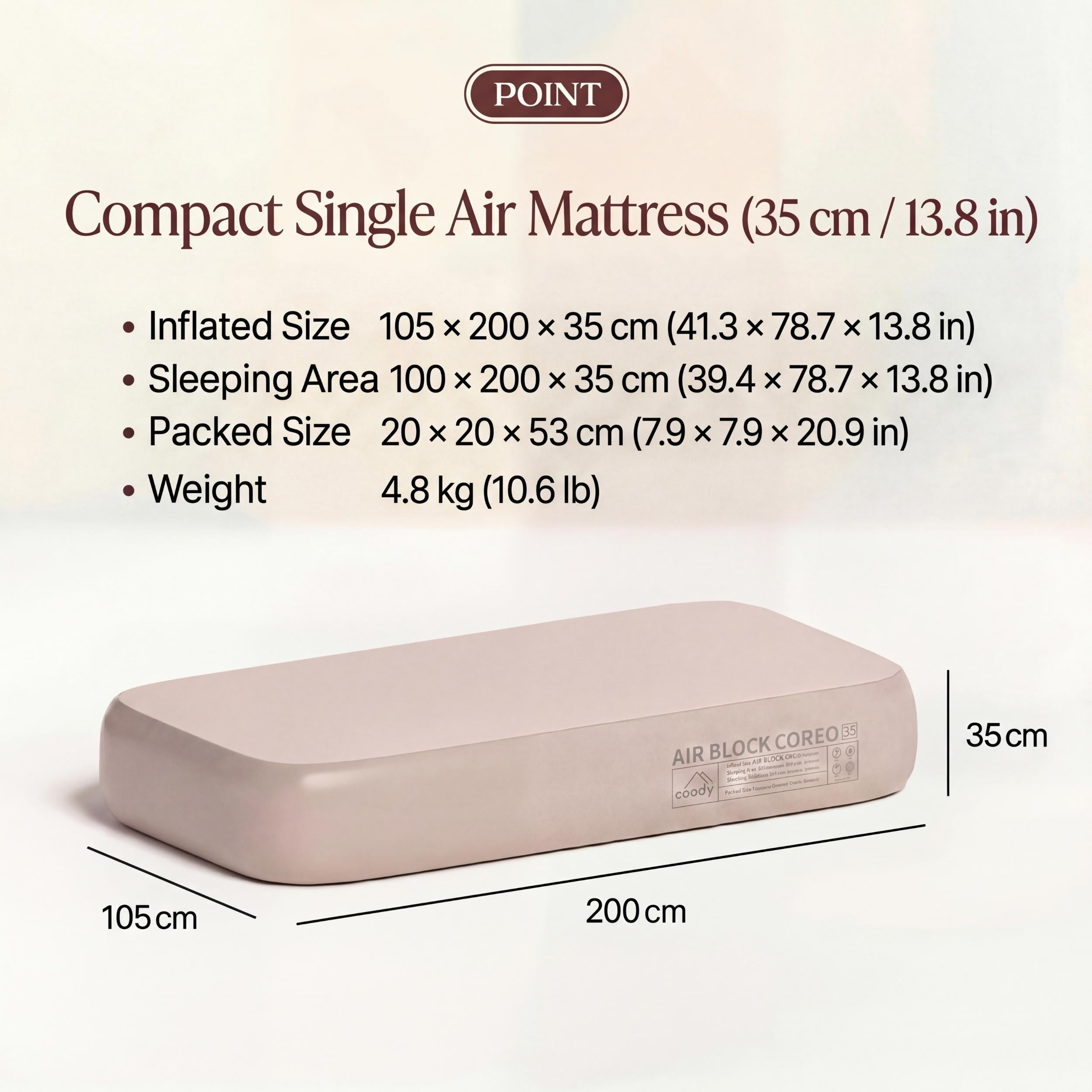Coody Coreo Air Mattress Single (105 × 200 × 35 cm) – Structured Air Block Inflatable Bed, Compact Pack Design