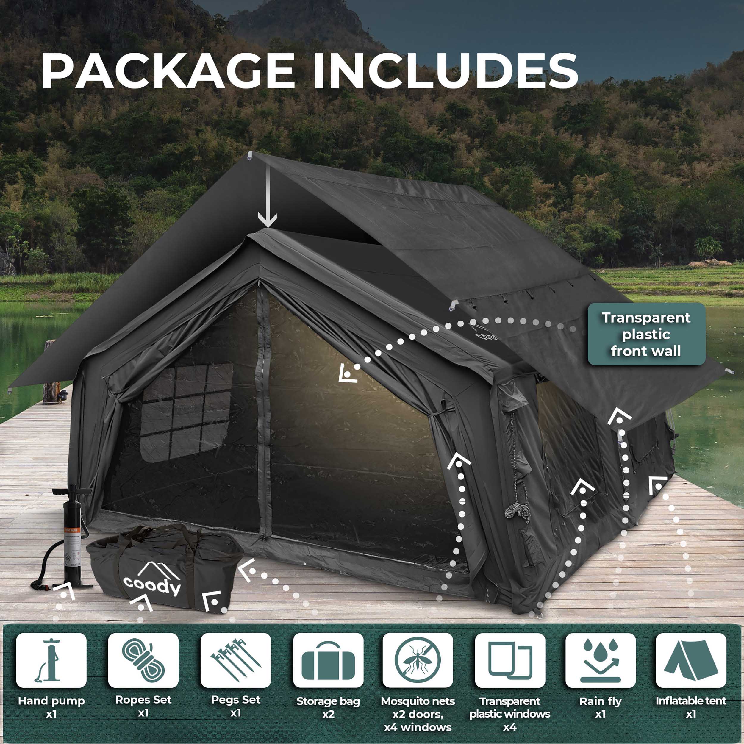 Coody 17.2 Black - Inflatable Camping Tent for 2-10 Person