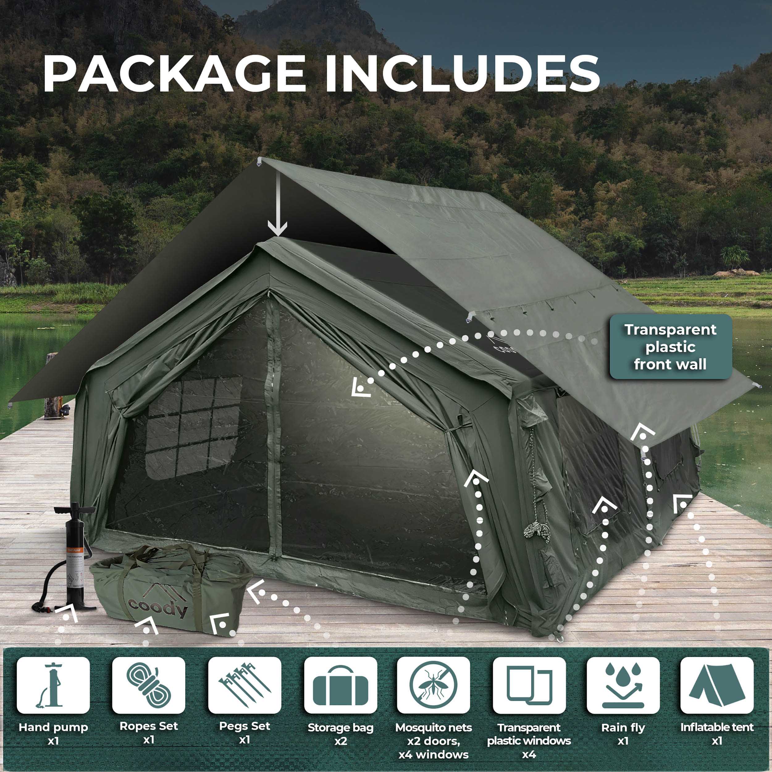 Coody 17.2 Forest Green - Inflatable Camping Tent for 2-10 Person