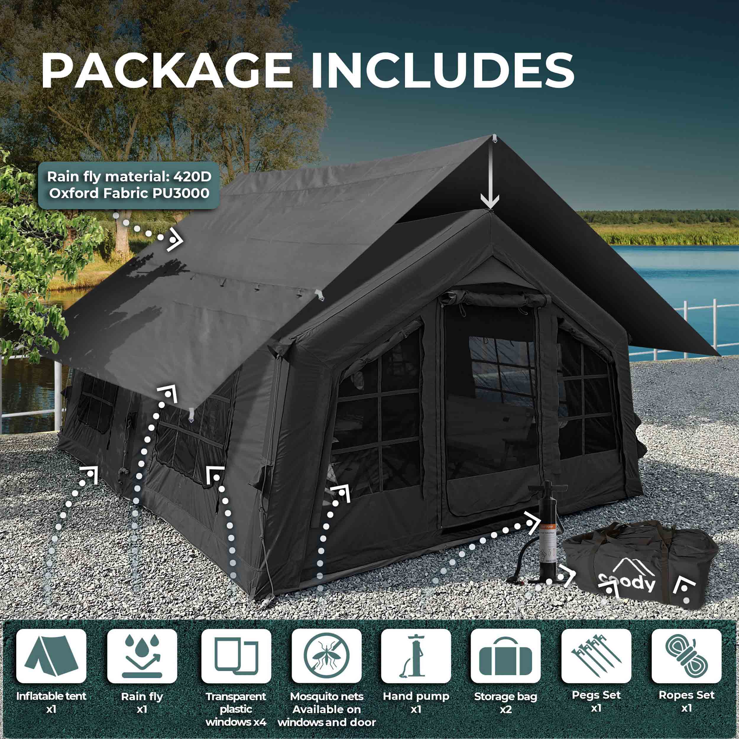 Coody Familia AirTent 13.6 Negro (2-8 personas) + Estufa de Leña RBM Caminus M