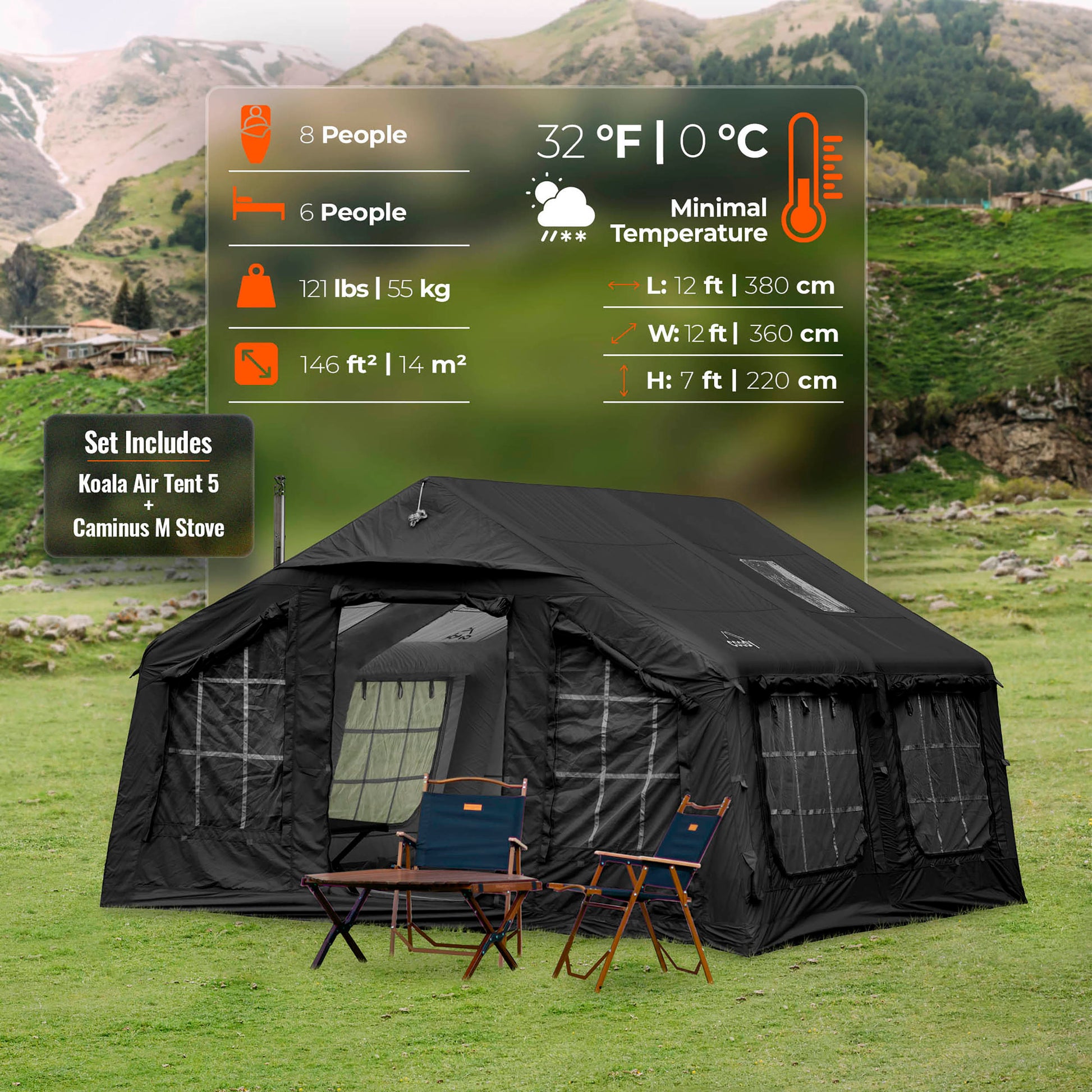 Coody 13.6 Black - Inflatable Camping Tent for 2-8 Person + Stove