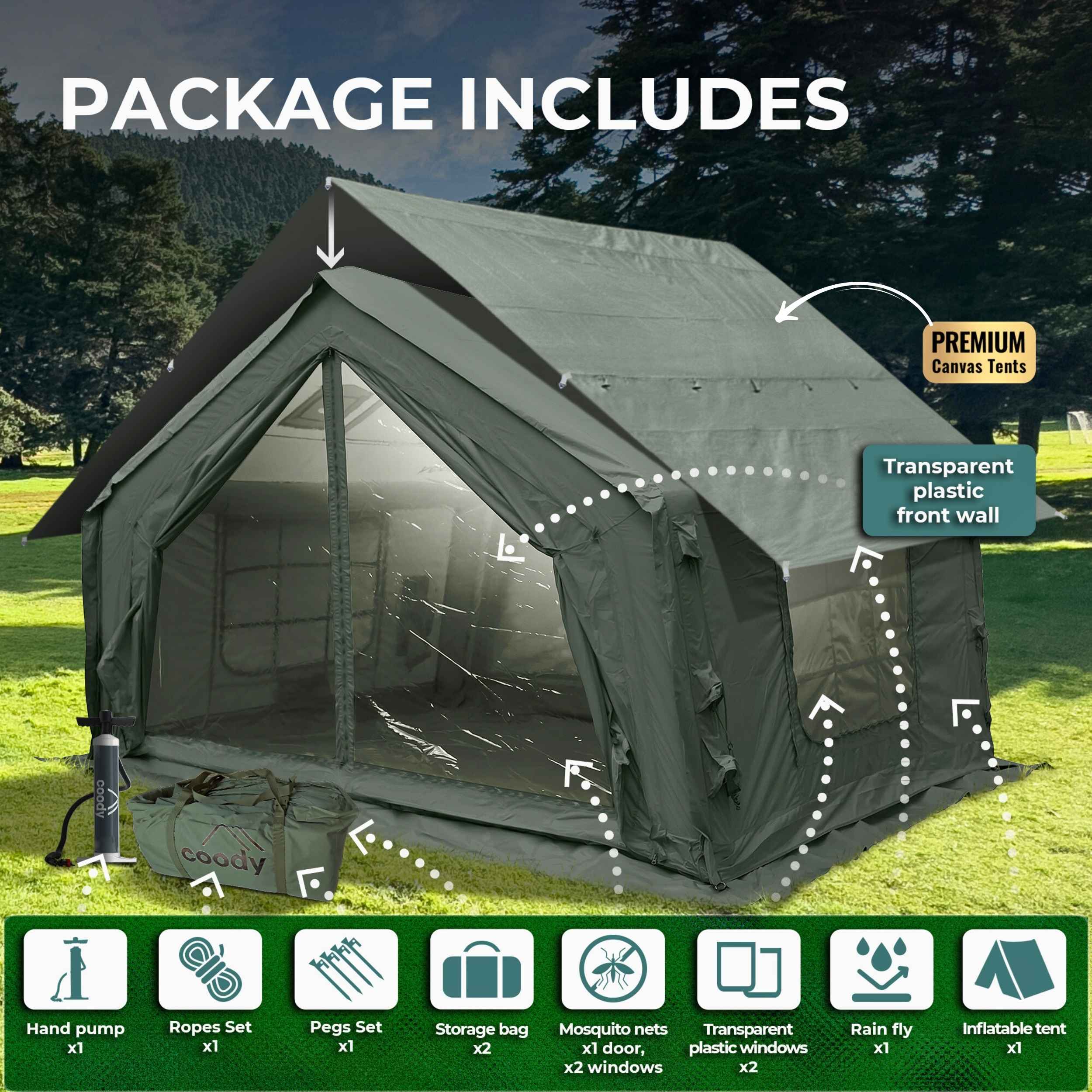 Coody 10 Forest Green - Inflatable Camping Tent for 2-4 Person