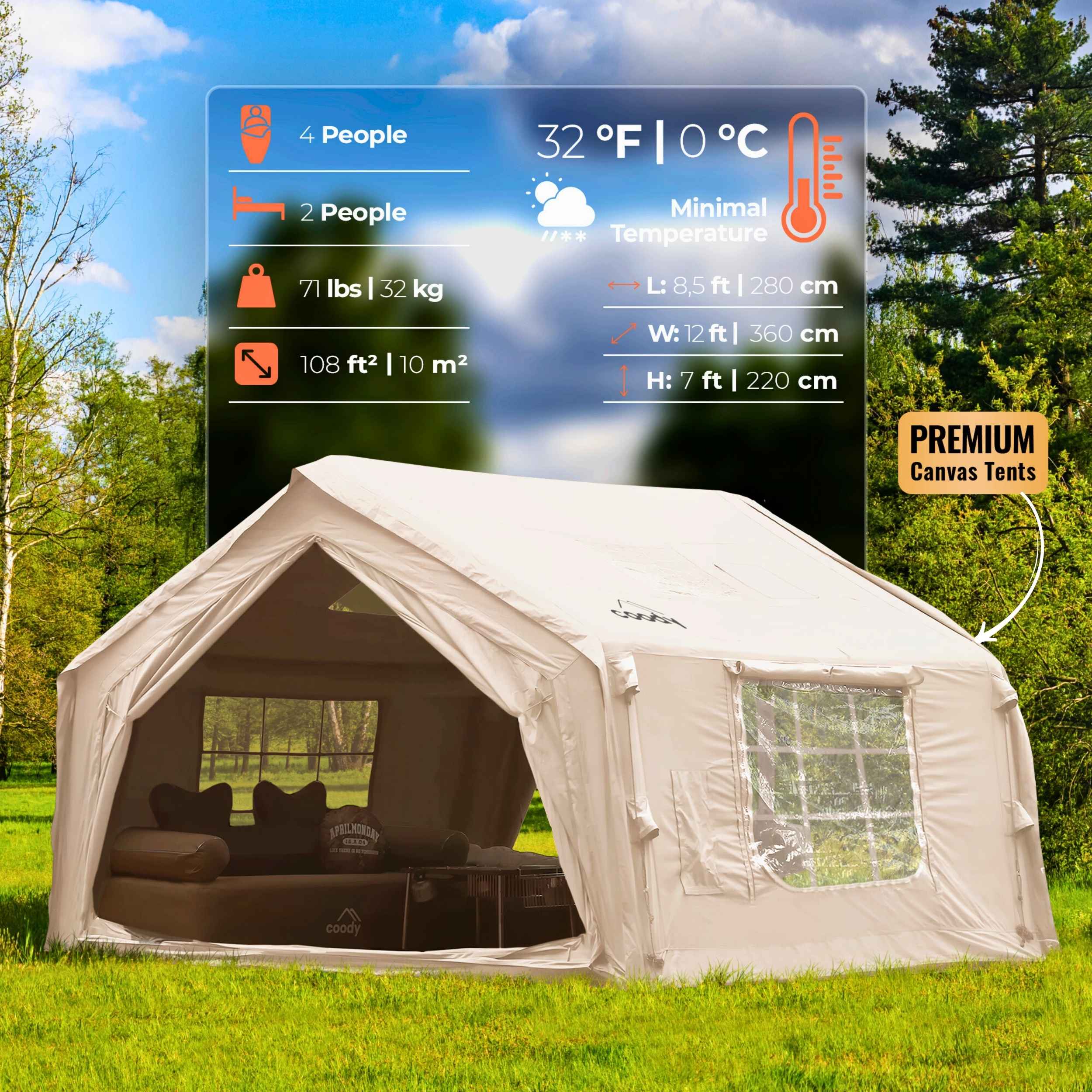 Coody 10 Beige - Inflatable Camping Tent for 2-4 Person