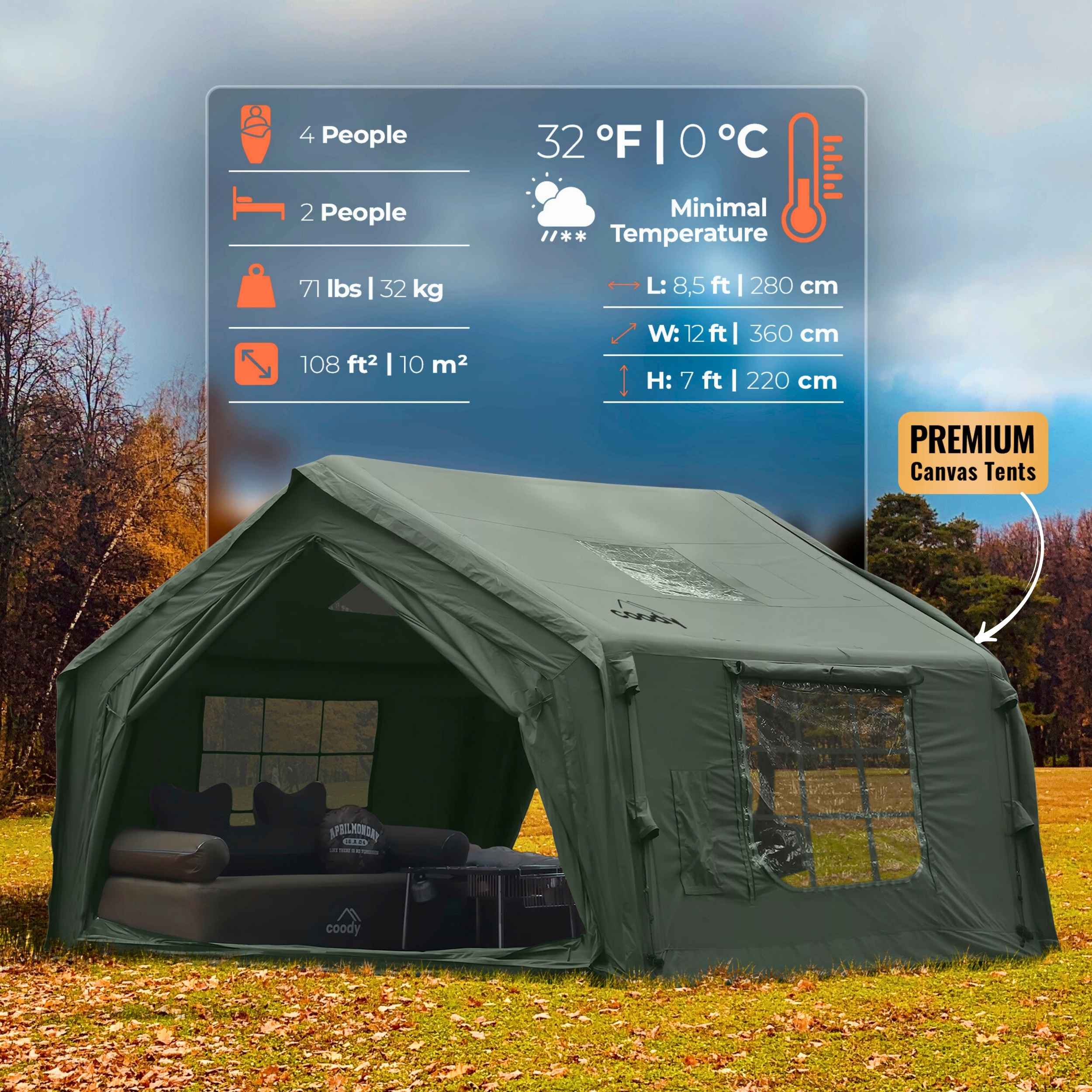 Coody 10 Forest Green - Inflatable Camping Tent for 2-4 Person