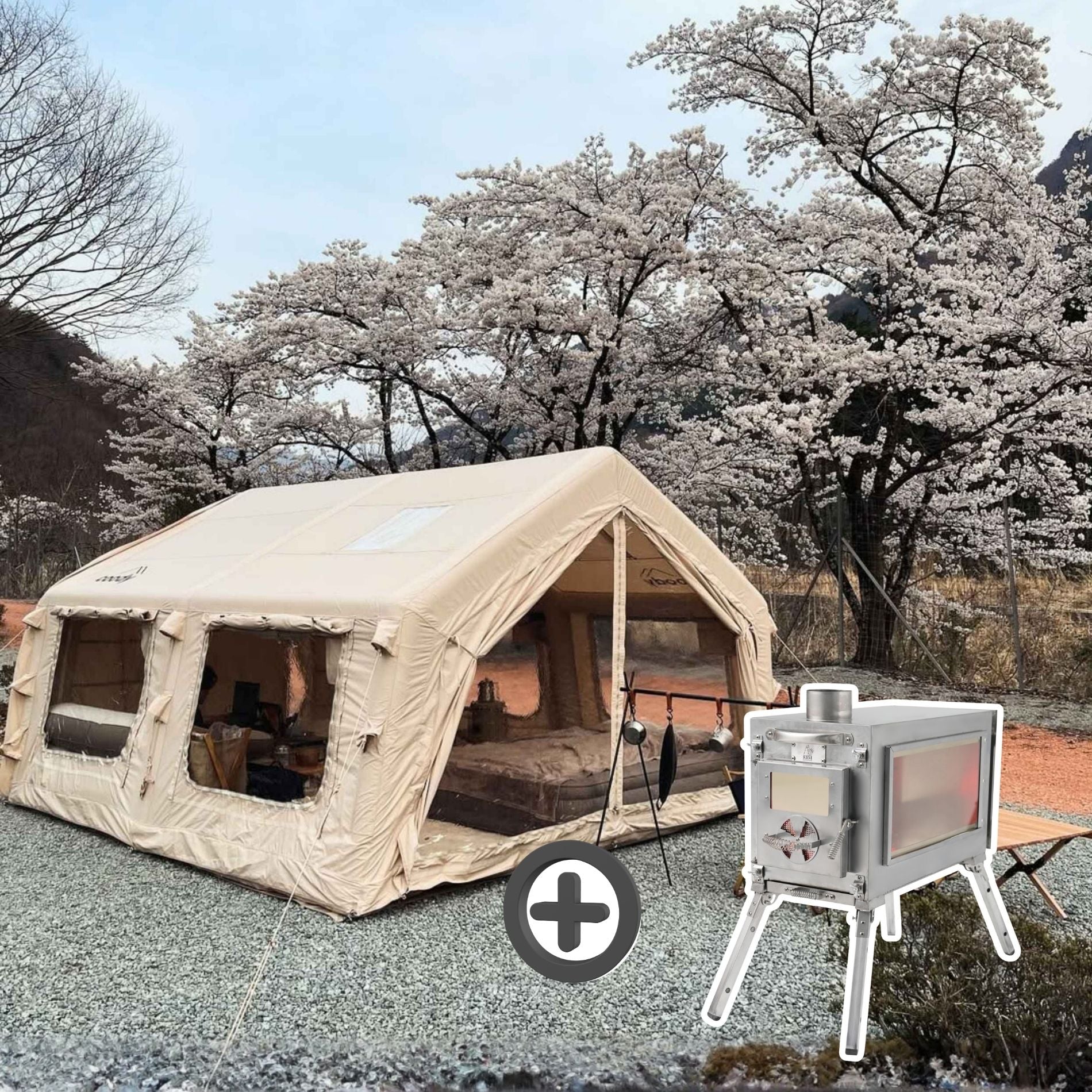 Coody Familia AirTent 13.6 Beige (2-10 Person) + RBM Wood Stove Caminus M