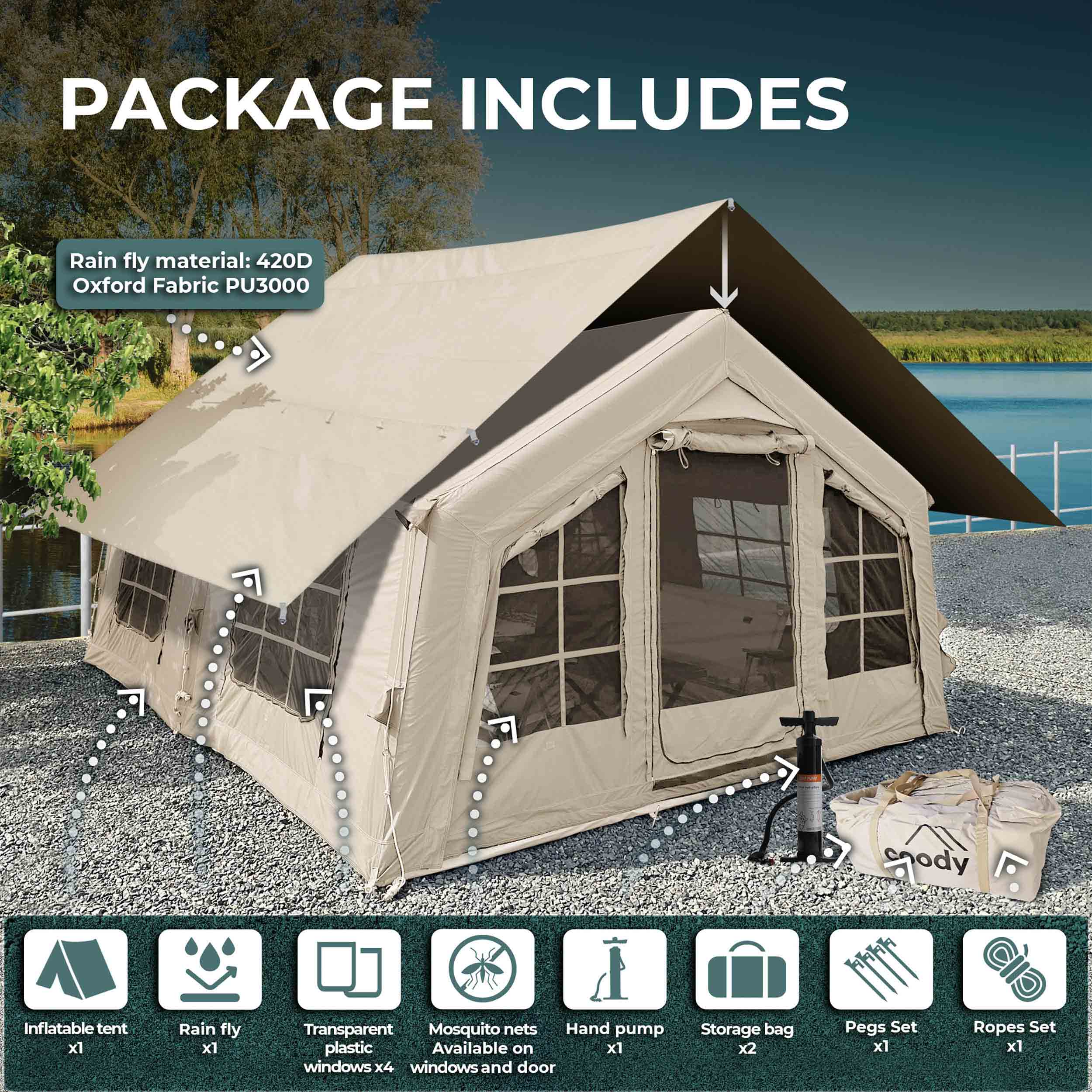 Coody Familia AirTent 13.6 Beige + Stove Caminus M - Inflatable Tents for Camping with Wood Stove