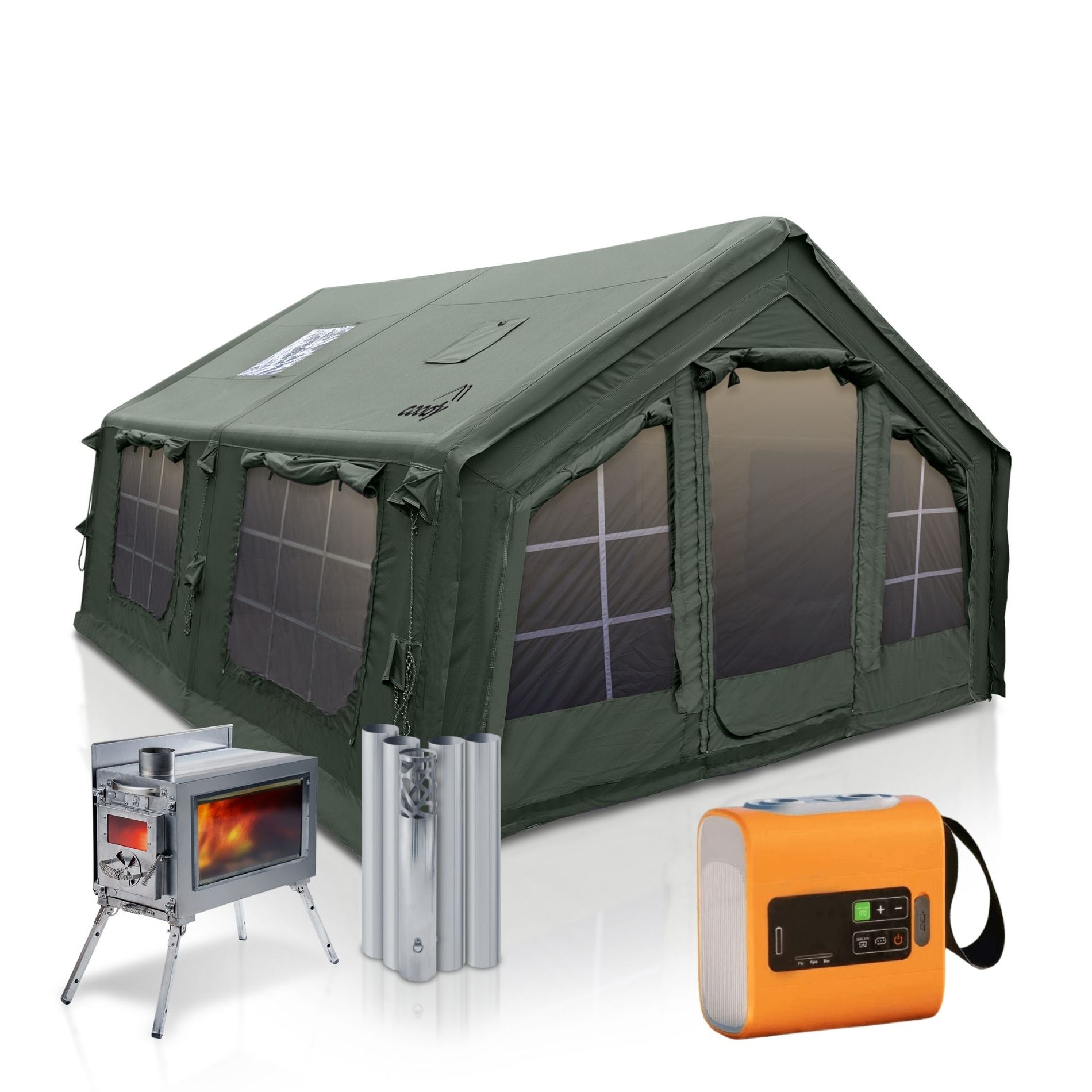 Coody Familia AirTent 13.6 Forest Green + Stove Caminus M + Pump