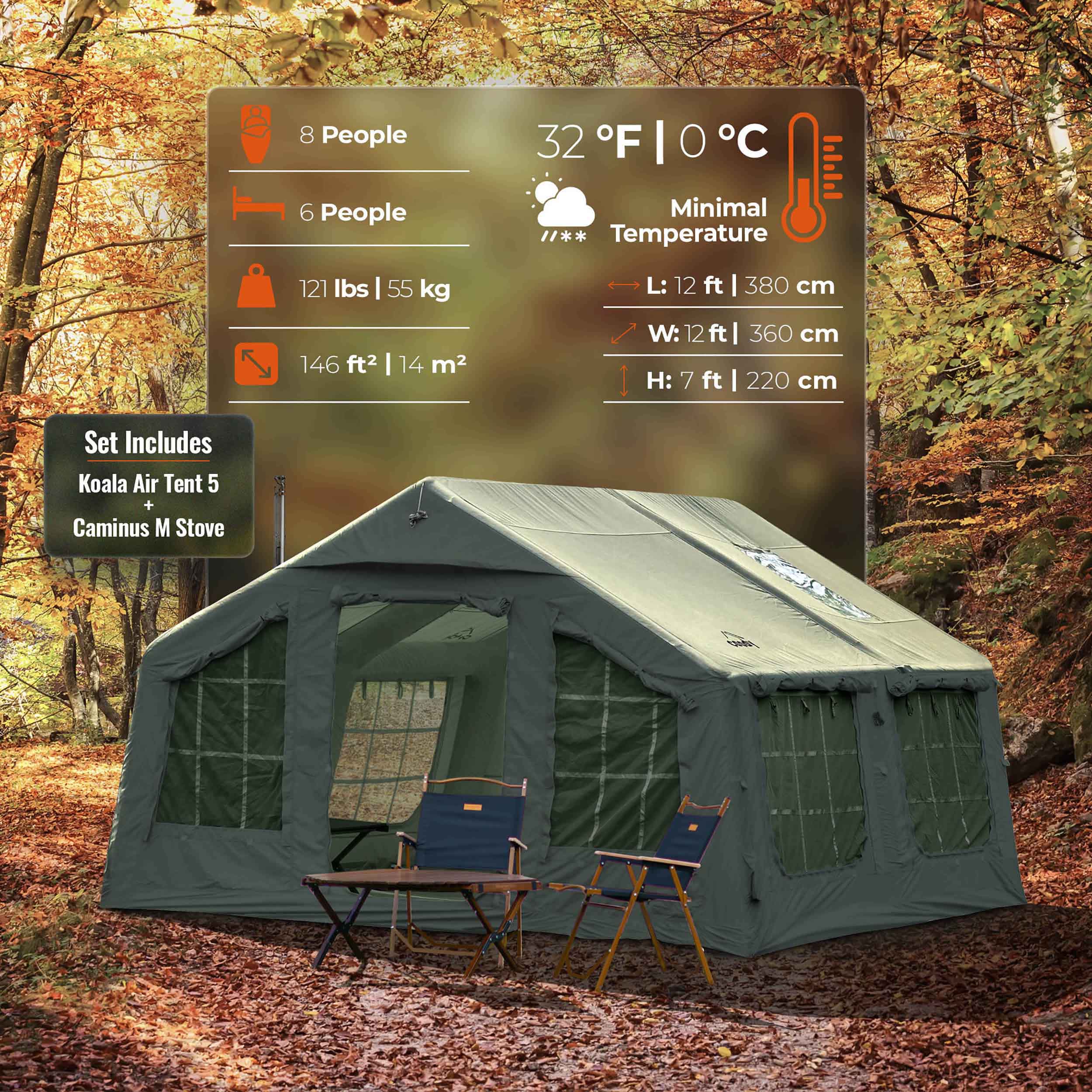 Coody Familia AirTent 13.6 Forest Green + Estufa Caminus M + Bomba Eléctrica
