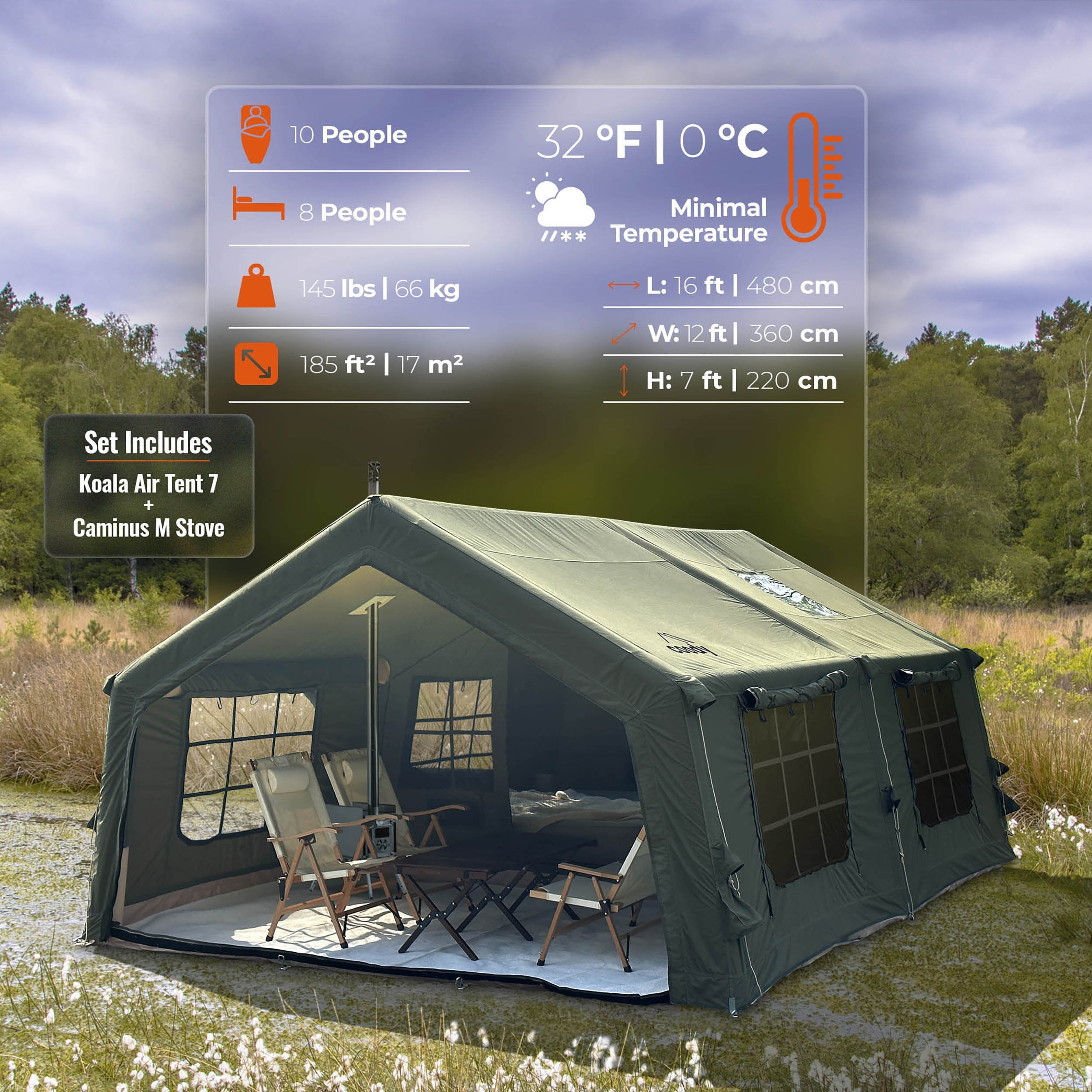 Coody Familia AirTent 17.2 Forest Green (2-10 Person)+ RBM Wood Stove