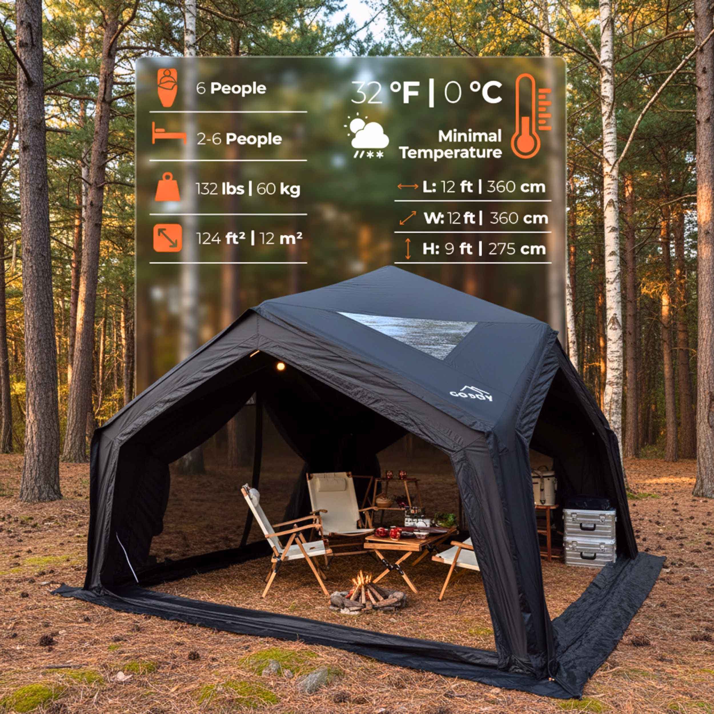Coody Air Tent Hub Shelter Black Inflatable Camping Tent (2-6 Person)