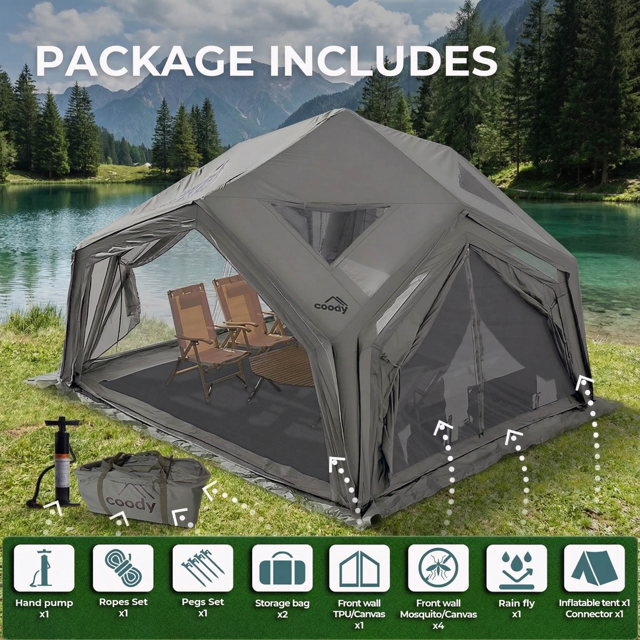 Coody Air Tent Hub Shelter Gray Inflatable Tents for Camping (2-6 Person)